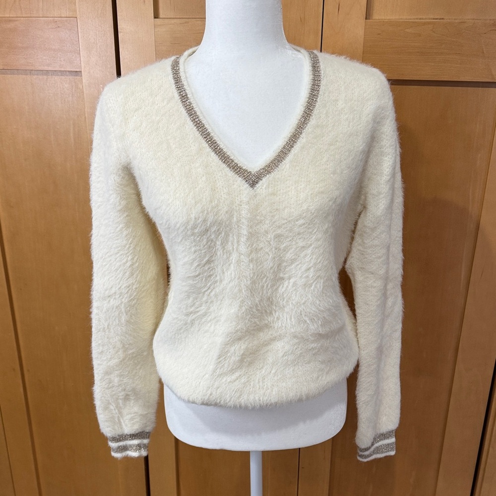Mystree Cream and Tan V-Neck Sweater